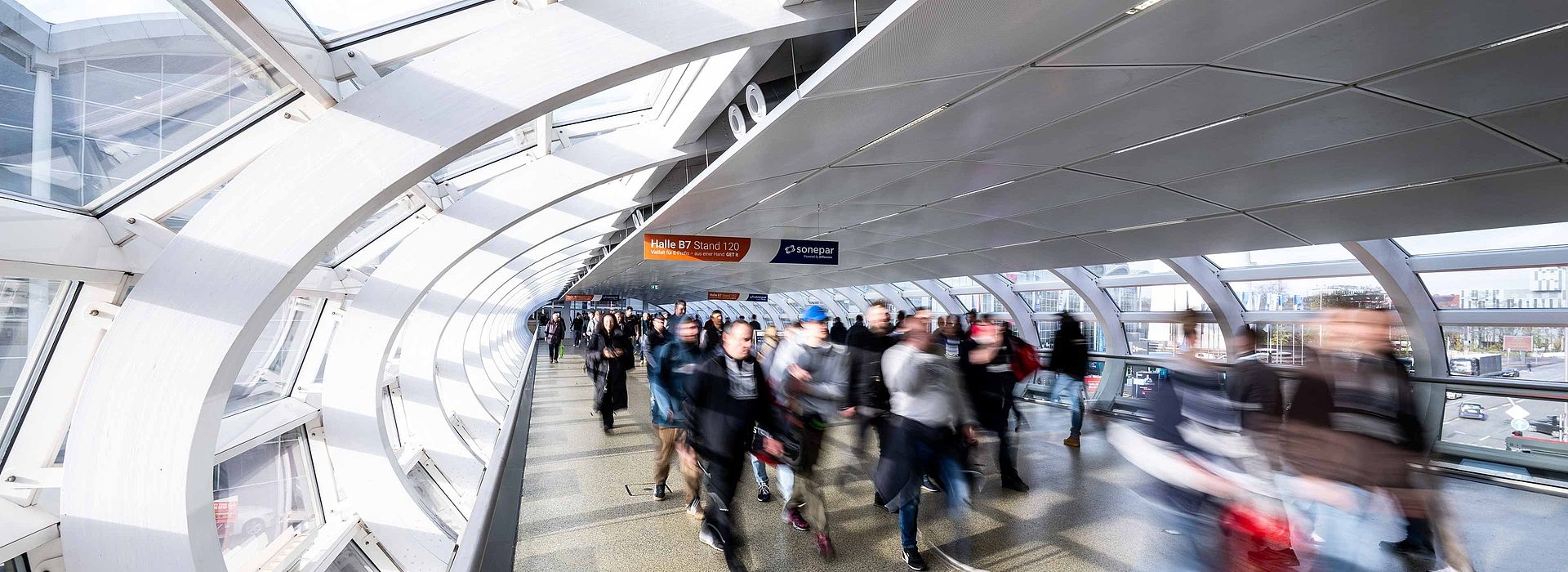 View of the busy Skywalk during the trade fair