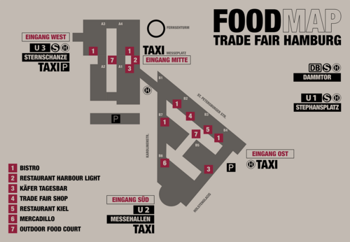 Foodmap - Trade Fair Hamburg - The outline of the Hamburg Messe is shown on the map. There are a total of 13 food locations. 1 is the bistro, which is located in halls A3, A4, B2, B4 and B7. 2 is the Harbor Light restaurant between halls A1 and A4. 3 is the Käfer Tagesbar in halls A1 and B5. 4 is the Trade Fair Shop between halls B2 and B3. 5 is the Kiel restaurant between halls B3 and B4. 6 is Mercadillo in Hall B6. 7 is the outdoor food court between halls A1 and A2.