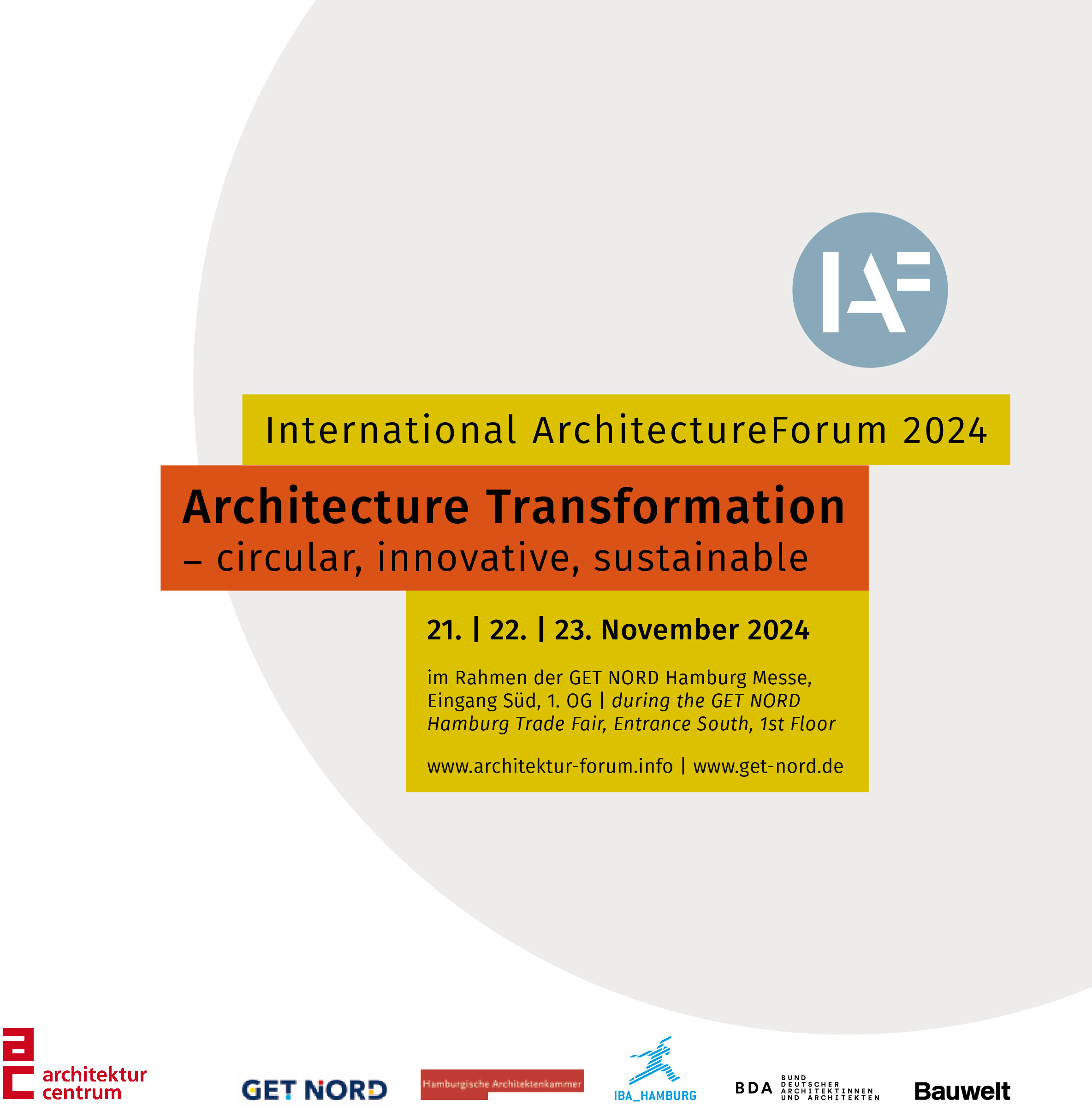 Cover page of the program of the International Architecture Forum. The topic is: Architecture Transformation – circular, innovative, sustainable